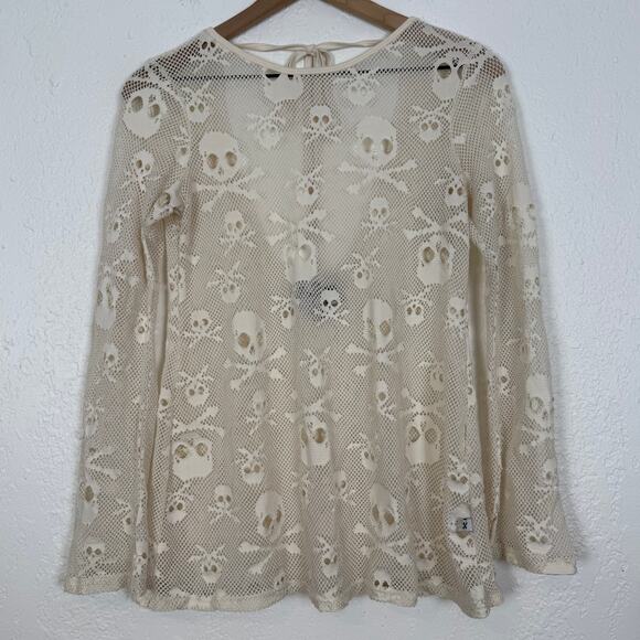 Royal Bones by Tripp Cream Mesh Skull Tunic Top Size Small - Picture 3 of 7